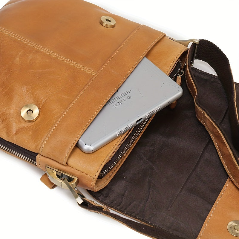 Genuine Leather Messenger Bag, Vintage Multifunctional Flap Purse